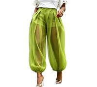 Women's Mesh Panel Lantern Pants Double Layer Mesh Balloon Harem Joggers (Green,L)