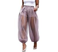 Women's Mesh Panel Lantern Pants Double Layer Mesh Balloon Harem Joggers (Purple,XXL)