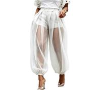 Women's Mesh Panel Lantern Pants Double Layer Mesh Balloon Harem Joggers (White,L)