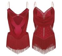 Women's Mesh Tassel Latin Tango Dance Leotard Dress Ruched Drapes Glittery Rhinestones Adjustable Straps Cutout Fringed Bodysuit(Wine Red,S)