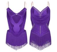 Women's Mesh Tassel Latin Tango Dance Leotard Dress Ruched Drapes Glittery Rhinestones Adjustable Straps Cutout Fringed Bodysuit(Purple,L)