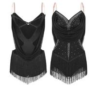 Women's Mesh Tassel Latin Tango Dance Leotard Dress Ruched Drapes Glittery Rhinestones Adjustable Straps Cutout Fringed Bodysuit(Black,XL)