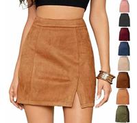 Women's Mini Faux Suede Suede Skirt Autumn Winter High Waist Side Slit Elegant A Line Mini Skirts with Back Zipper (Khaki,L)