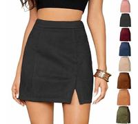 Women's Mini Faux Suede Suede Skirt Autumn Winter High Waist Side Slit Elegant A Line Mini Skirts with Back Zipper (Black,M)