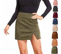 Women's Mini Faux Suede Suede Skirt Autumn Winter High Waist Side Slit Elegant A Line Mini Skirts with Back Zipper (Green,M)