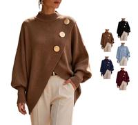 Women's Mock Neck Asymmetrical Knit Sweater with Gold Decor Buttons | Loose Fit Mock Neck Knit Sweater, Lantern Long Sleeve Asymmetrical Hem Gold Button Decor Jumper, Fall Winter Casual Tops