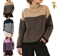 Women's Mock Neck Color Block Herringbone Knit Loose Fall Winter Pullover | Mock Neck Pullover Sweater for Women,Long Sleeve,Thick Knit Construction,Relaxed Fit Soft for Fall Winter Daily Casual Outfit