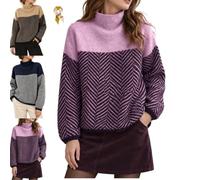 Women's Mock Neck Color Block Herringbone Knit Loose Fall Winter Pullover | Mock Neck Pullover Sweater for Women,Long Sleeve,Thick Knit Construction,Relaxed Fit Soft for Fall Winter Daily Casual Outfit