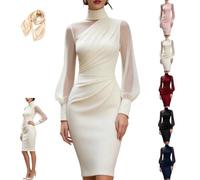 Women's Mock Neck Mesh Lantern Sleeve Ruched Bodycon Midi Dress | Long-Sleeve, Draped Front Detail, Tummy Control Wrapping, High Waist Classic Asymmetric, Formal Wedding Guest Gown