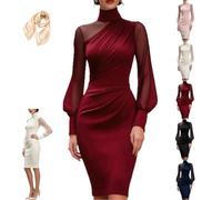 Women's Mock Neck Mesh Lantern Sleeve Ruched Bodycon Midi Dress | Long-Sleeve, Draped Front Detail, Tummy Control Wrapping, High Waist Classic Asymmetric, Formal Wedding Guest Gown