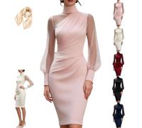 Women's Mock Neck Mesh Lantern Sleeve Ruched Bodycon Midi Dress | Long-Sleeve, Draped Front Detail, Tummy Control Wrapping, High Waist Classic Asymmetric, Formal Wedding Guest Gown