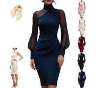 Women's Mock Neck Mesh Lantern Sleeve Ruched Bodycon Midi Dress | Long-Sleeve, Draped Front Detail, Tummy Control Wrapping, High Waist Classic Asymmetric, Formal Wedding Guest Gown