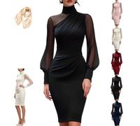 Women's Mock Neck Mesh Lantern Sleeve Ruched Bodycon Midi Dress | Long-Sleeve, Draped Front Detail, Tummy Control Wrapping, High Waist Classic Asymmetric, Formal Wedding Guest Gown