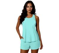 Women's Modest Two-Piece Tankini Swimsuit Set with Tummy Control, Beach Vacation Bathing Suit Featuring Tank Top and Palm Tree Print Shorts