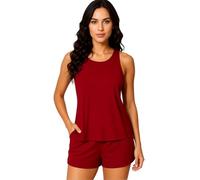 Women's Modest Two-Piece Tankini Swimsuit Set with Tummy Control, Beach Vacation Bathing Suit Featuring Tank Top and Palm Tree Print Shorts