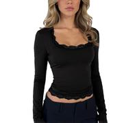 Women's Navy Blue Square Neck Long Sleeve Top with Lace Trim Slim Fit Casual Basic tee Shirt Soft Crop Blouse for Daily Layering and Party