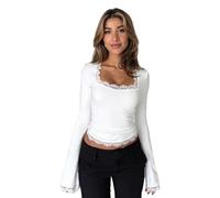 Women's Navy Blue Square Neck Long Sleeve Top with Lace Trim Slim Fit Casual Basic tee Shirt Soft Crop Blouse for Daily Layering and Party