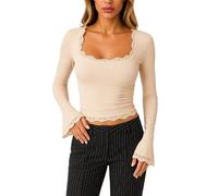 Women's Navy Blue Square Neck Long Sleeve Top with Lace Trim Slim Fit Casual Basic tee Shirt Soft Crop Blouse for Daily Layering and Party