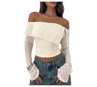 Womens Off Shoulder Lace Long Sleeve Crop Top with Bell Sleeves (Apricot,S)