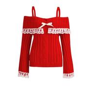 Women's Off-Shoulder Lace Trim Sweater - Y2K Long Sleeve Ribbed Pullover for All Seasons