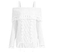 Women's Off-Shoulder Lace Trim Sweater - Y2K Long Sleeve Ribbed Pullover for All Seasons