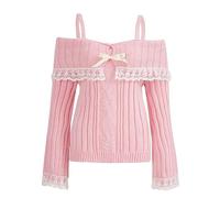 Women's Off-Shoulder Lace Trim Sweater - Y2K Long Sleeve Ribbed Pullover for All Seasons