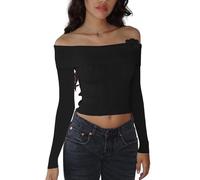 Women's Off-Shoulder Lace Trim Sweater - Y2K Long Sleeve Ribbed Pullover for All Seasons