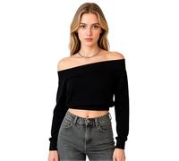 Womens Off Shoulder Long Sleeve Crop Top Black Ribbed Knit Slim Fit Summer Casual T Shirt Sexy Style for Petite Girls Fashion Trendy Top 2024