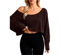 Women's Off Shoulder Long Sleeve Crop Top Loose Fit Asymmetrical Neckline T Shirt Soft Ice Silk Casual Basic Blouse for Spring Summer Fall