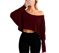 Women's Off Shoulder Long Sleeve Crop Top Loose Fit Asymmetrical Neckline T Shirt Soft Ice Silk Casual Basic Blouse for Spring Summer Fall