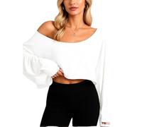 Women's Off Shoulder Long Sleeve Crop Top Loose Fit Asymmetrical Neckline T Shirt Soft Ice Silk Casual Basic Blouse for Spring Summer Fall