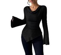 Womens Off Shoulder Ribbed Knit Long Sleeve Fitted Bell Sleeve Top (Black,L)