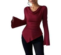 Womens Off Shoulder Ribbed Knit Long Sleeve Fitted Bell Sleeve Top (Burgundy,XL)