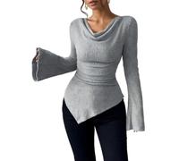 Womens Off Shoulder Ribbed Knit Long Sleeve Fitted Bell Sleeve Top (Gray,L)