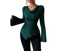 Womens Off Shoulder Ribbed Knit Long Sleeve Fitted Bell Sleeve Top (Green,L)