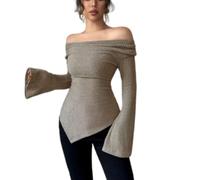 Womens Off Shoulder Ribbed Knit Long Sleeve Fitted Bell Sleeve Top (Khaki,XXL)