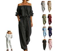 Women's Off Shoulder Tie Waist Long Sleeve Jumpsuit/Outfit，Black：XL