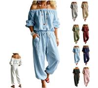 Women's Off Shoulder Tie Waist Long Sleeve Jumpsuit/Outfit，Light Blue：L