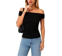 Women's Off Shoulder Tops Short Sleeve Slim Fit T Shirt Ladies Ruched Bodycon One Shoulder Blouse Summer Casual Basic tee