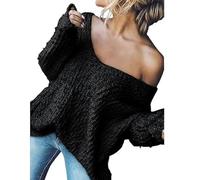 Women's Off-The-Shoulder Sweater Loose Lightweight Pullover Top, 2025 New V-Neck Hollow Knitted Long-Sleeved Solid Color (Black,S)