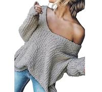 Women's Off-The-Shoulder Sweater Loose Lightweight Pullover Top, 2025 New V-Neck Hollow Knitted Long-Sleeved Solid Color (Gray,L)