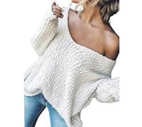 Women's Off-The-Shoulder Sweater Loose Lightweight Pullover Top, 2025 New V-Neck Hollow Knitted Long-Sleeved Solid Color (White,XL)