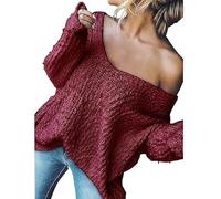Women's Off-The-Shoulder Sweater Loose Lightweight Pullover Top, 2025 New V-Neck Hollow Knitted Long-Sleeved Solid Color (Red,M)
