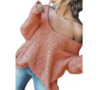 Women's Off-The-Shoulder Sweater Loose Lightweight Pullover Top, 2025 New V-Neck Hollow Knitted Long-Sleeved Solid Color (Pink,L)