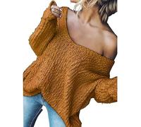 Women's Off-The-Shoulder Sweater Loose Lightweight Pullover Top, 2025 New V-Neck Hollow Knitted Long-Sleeved Solid Color (Orange,S)