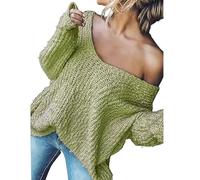 Women's Off-The-Shoulder Sweater Loose Lightweight Pullover Top, 2025 New V-Neck Hollow Knitted Long-Sleeved Solid Color (Green,S)