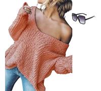 Women's Off-The-Shoulder Sweater Loose Lightweight Pullover Top,V-Neck Hollow Knitted Solid Color Long-Sleeved Autumn (Pink,S)
