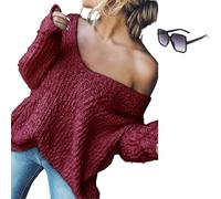 Women's Off-The-Shoulder Sweater Loose Lightweight Pullover Top,V-Neck Hollow Knitted Solid Color Long-Sleeved Autumn (Red,M)