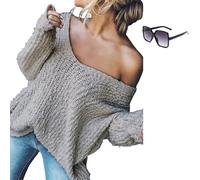 Women's Off-The-Shoulder Sweater Loose Lightweight Pullover Top,V-Neck Hollow Knitted Solid Color Long-Sleeved Autumn (Gray,XL)