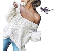 Women's Off-The-Shoulder Sweater Loose Lightweight Pullover Top,V-Neck Hollow Knitted Solid Color Long-Sleeved Autumn (White,L)